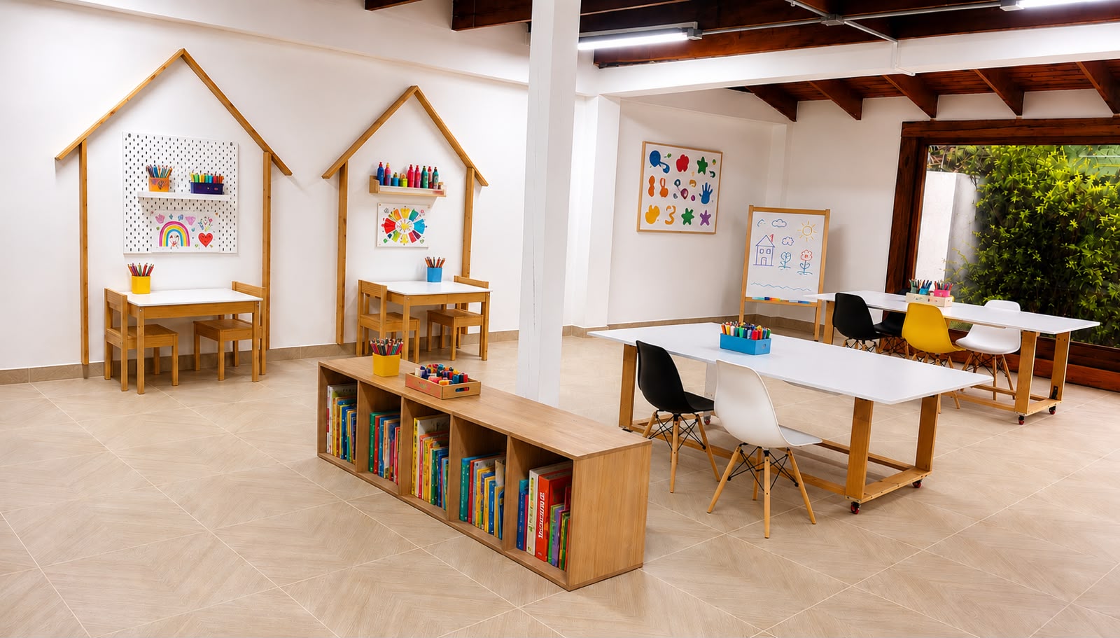 Aula de Hom Preschool con mesas, materiales artísticos, biblioteca y luz natural